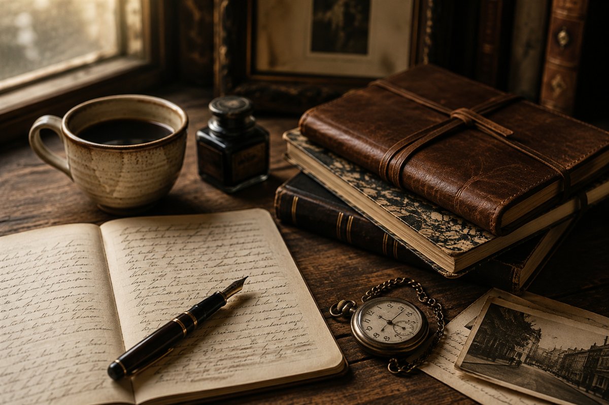 A sunlit desk still life — a cup of coffee, an inkwell, an open journal of handwriting with a fountain pen, a pocket watch, tied leather books and an old photograph