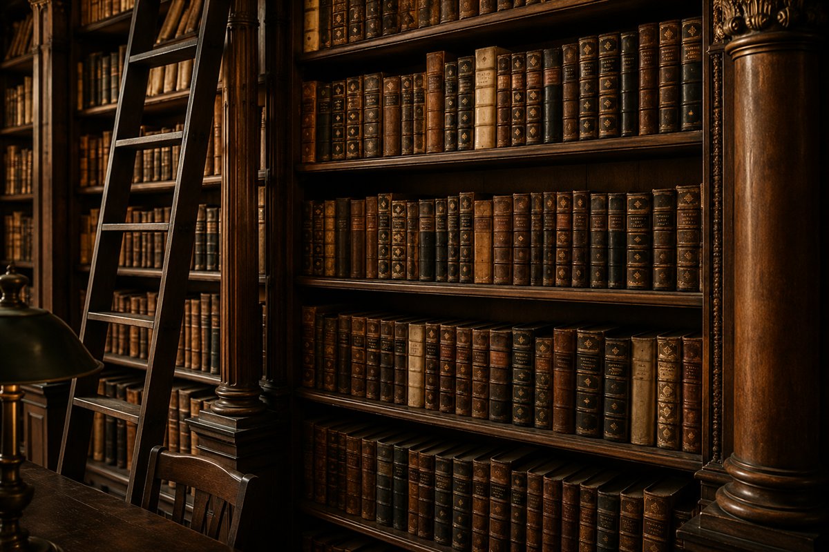 A grand old library — dark wood shelves of leather-bound books with a rolling ladder and a green reading lamp