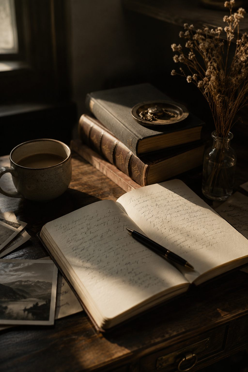 A vintage still life in warm window light — a cup of coffee, old books, dried flowers, and an open journal with a fountain pen resting on handwritten pages