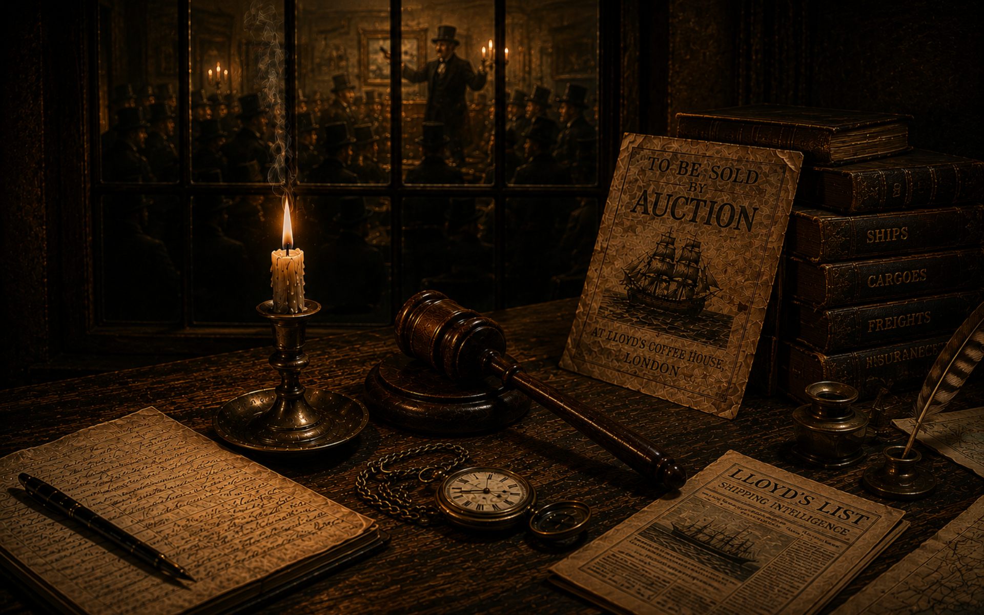 A vintage archival scene of a candlelit auction — bidders gathered around a table watching an inch of candle burn down