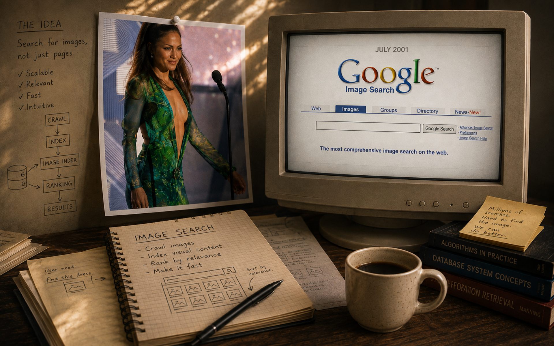 A vintage archival desk scene — a photograph of Jennifer Lopez's green Versace gown pinned beside a CRT monitor showing the July 2001 Google Image Search page, with a notebook sketching the image-search flow