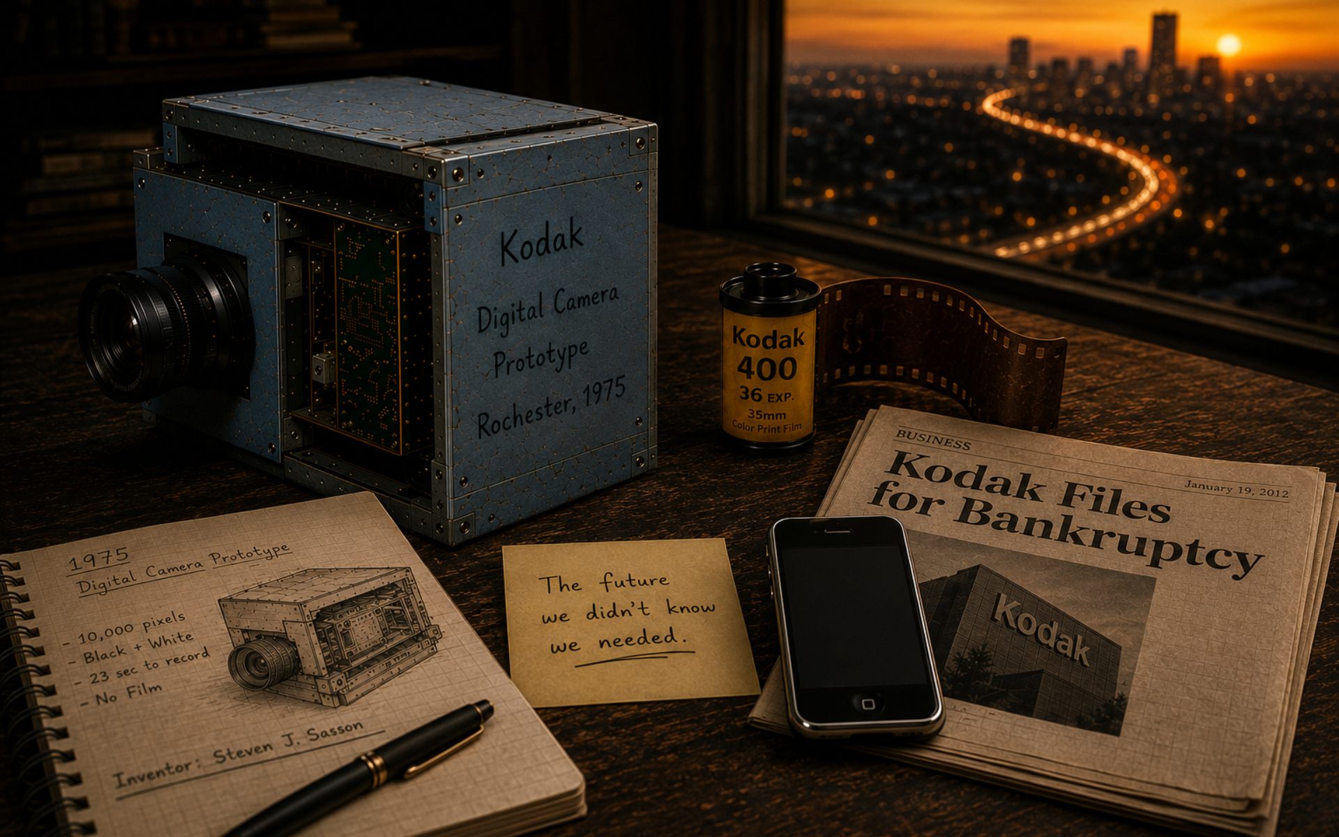 A vintage still life contrasting an old Kodak film camera with the device that replaced it, evoking the end of the dedicated camera