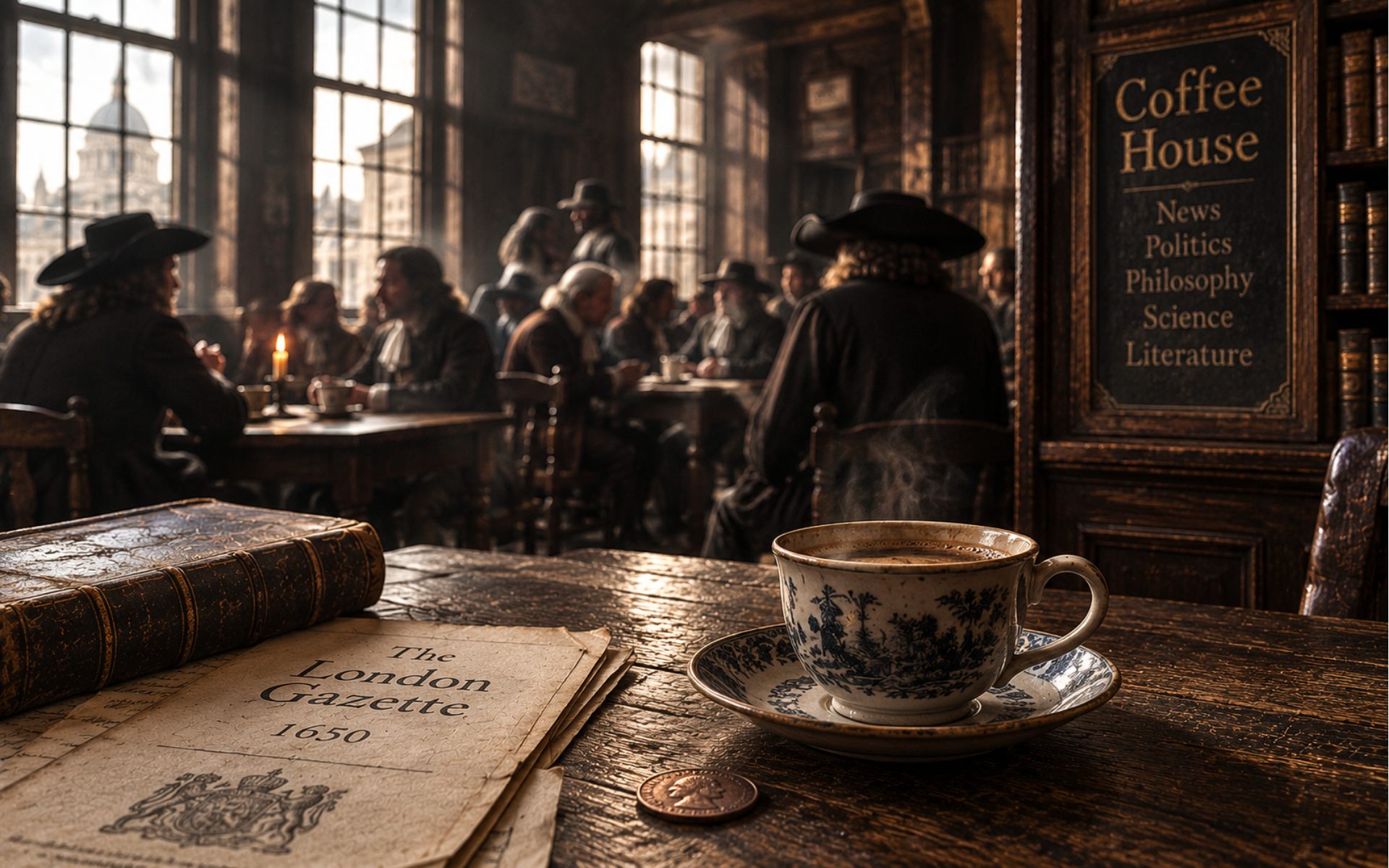 A vintage archival scene of a seventeenth-century London coffee house — patrons in period dress reading newsletters and talking over coffee by candlelight